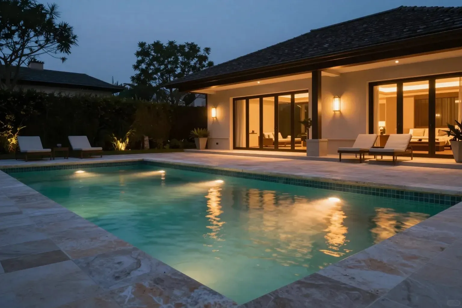 A resort pool at blue hour, lit warm from underwater lights, with a villa glowing behind it.