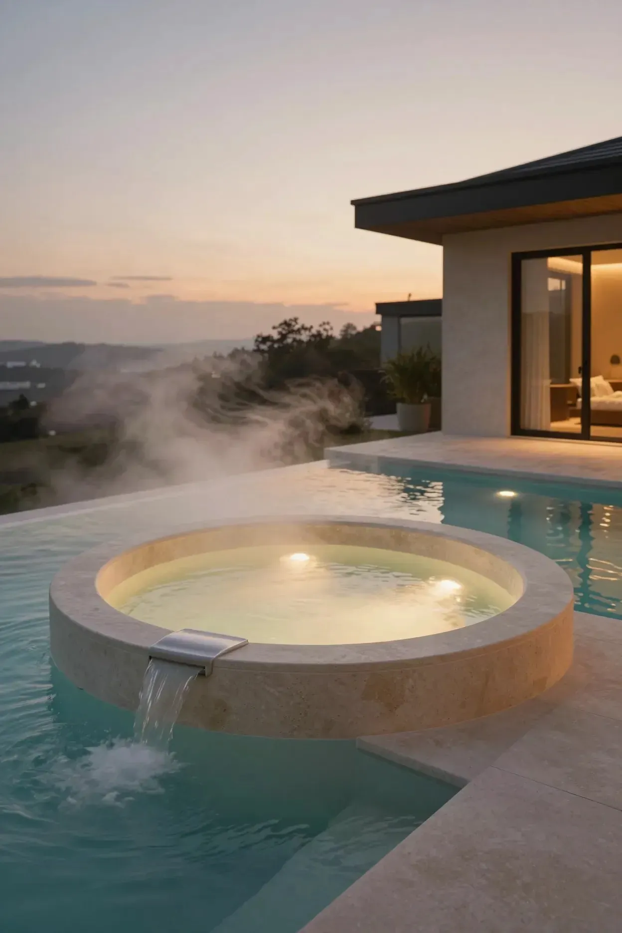 A round travertine spa spilling into the pool at dusk, steam rising off the water.